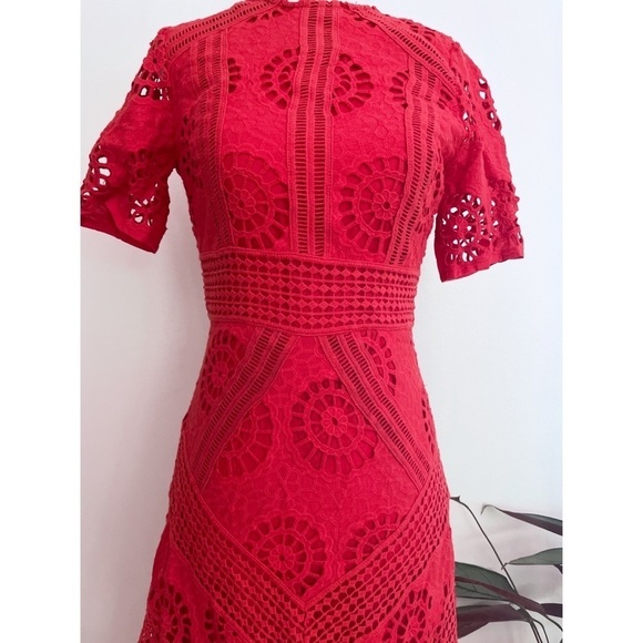 ASOS Premium Broderie Fabric Lace Eyelet Cocktail Red Cotton Midi Dress US 4 - Picture 5 of 12